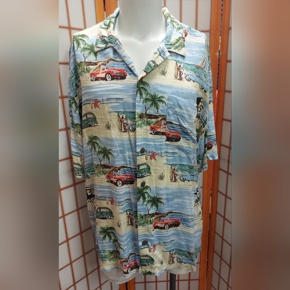Walt Disney World Hawaiian Aloha Shirt Mickey Surfing Beach Retro Mens Large XL